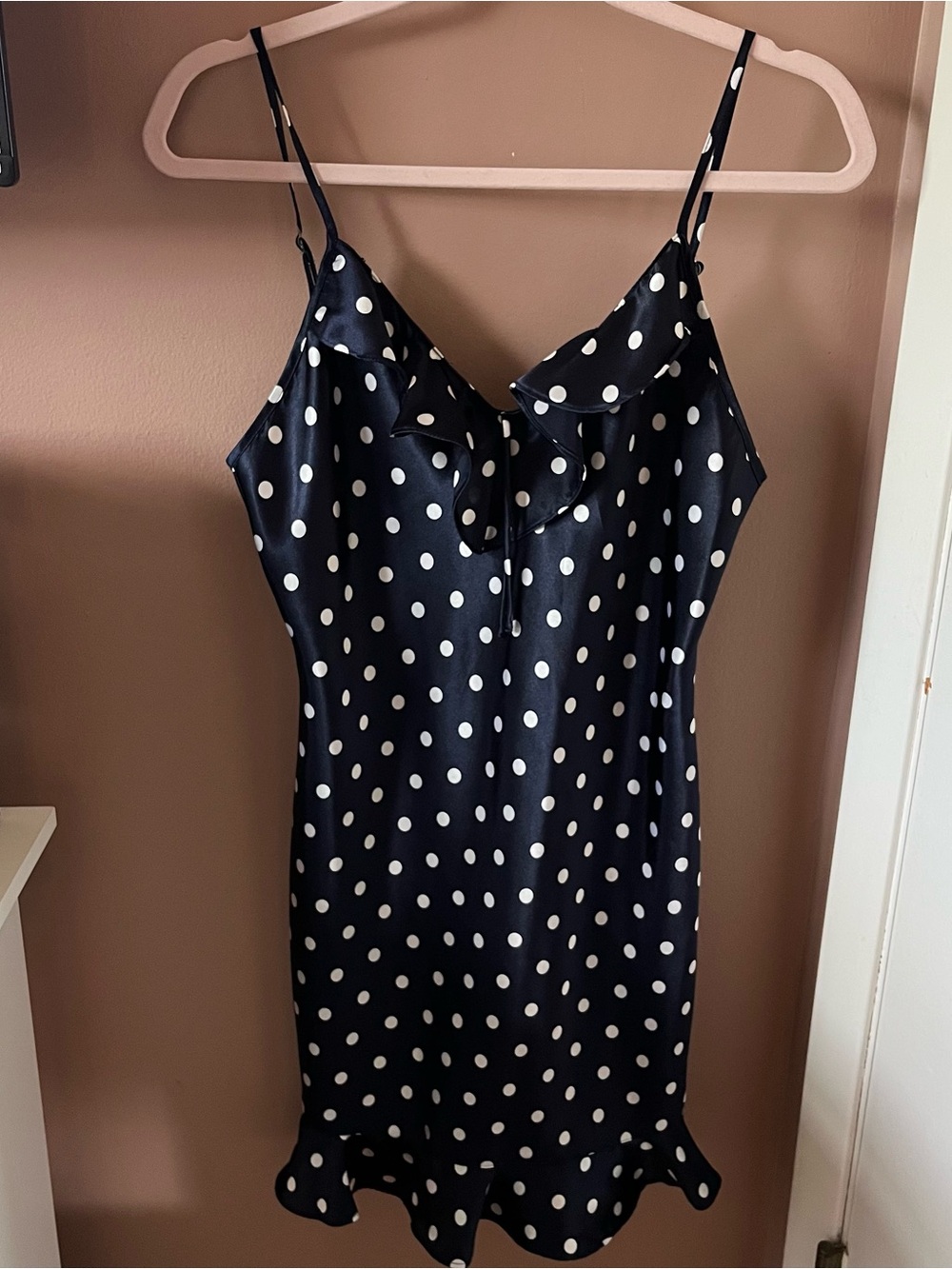 Vintage Navy Blue & White Polka Dot Satin Slip Mini - Midi Dress with Ruffle Hem